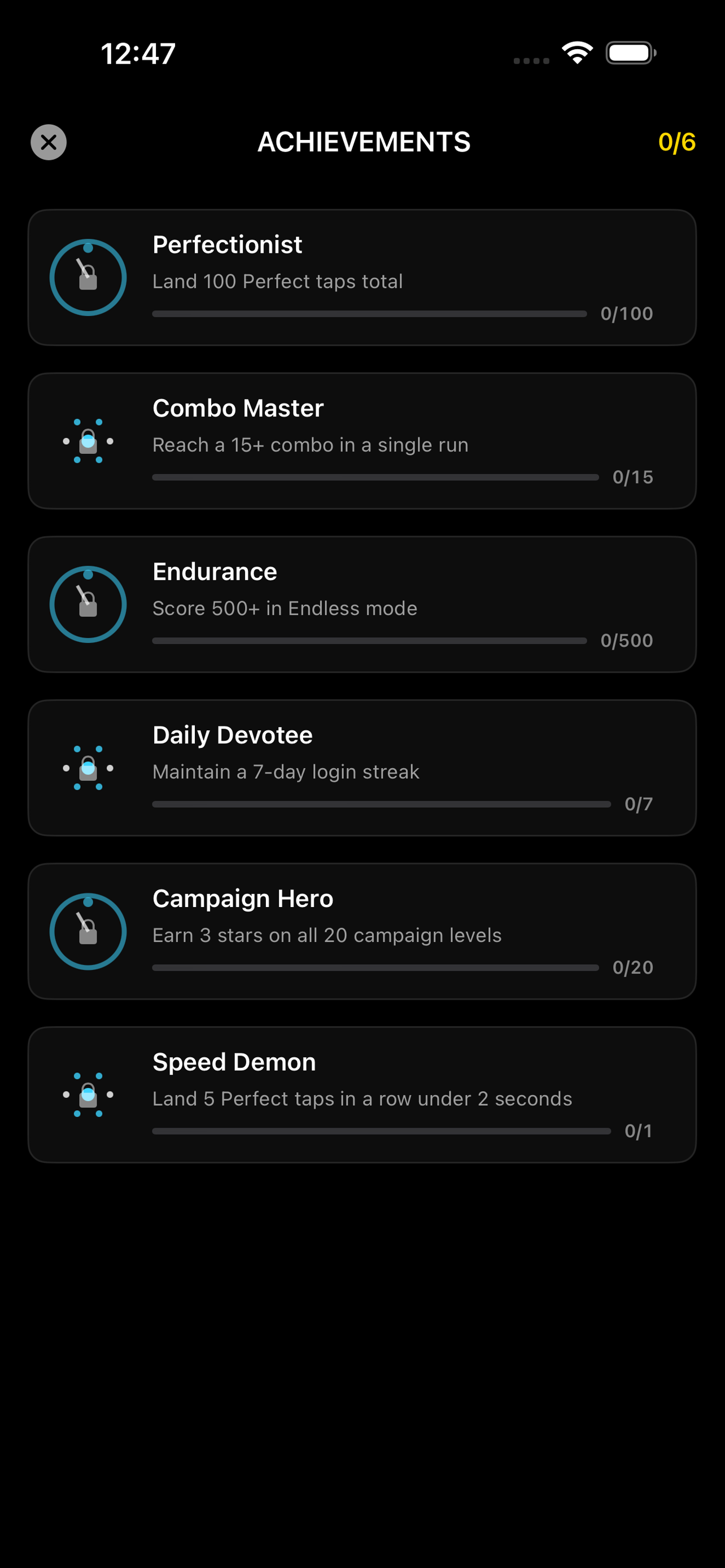 Perfect Tap achievements screen