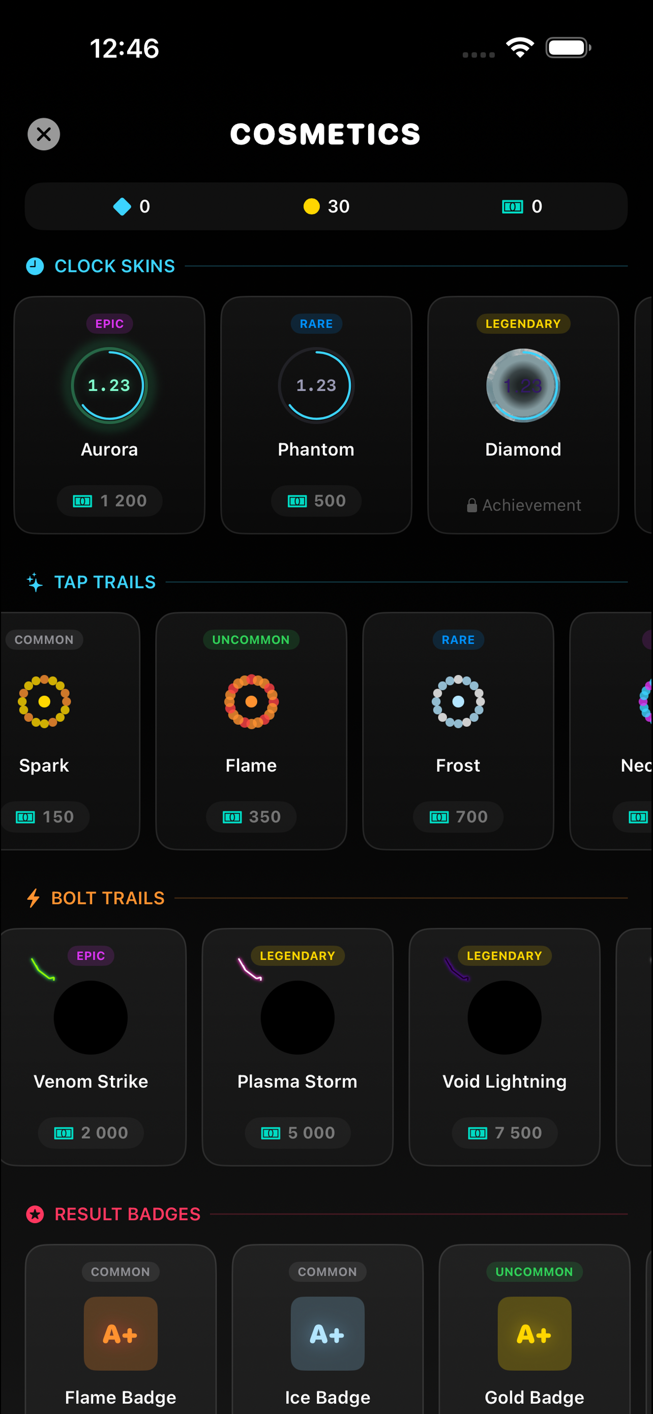 Perfect Tap skins screen